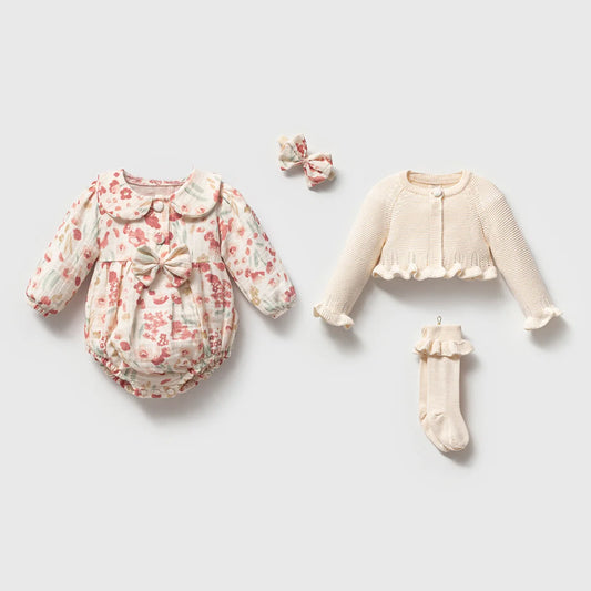 4-Piece Baby Set | Romper, Headband, Knitted Sweater and Socks