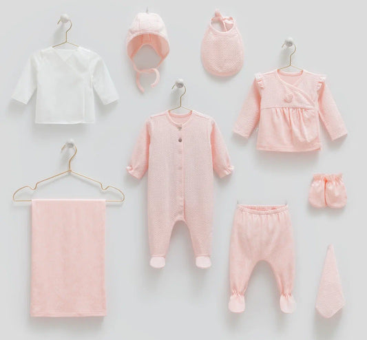 Baby hospital set including a onesie, shirt, pants, bib, hat, mittens and a blanket.