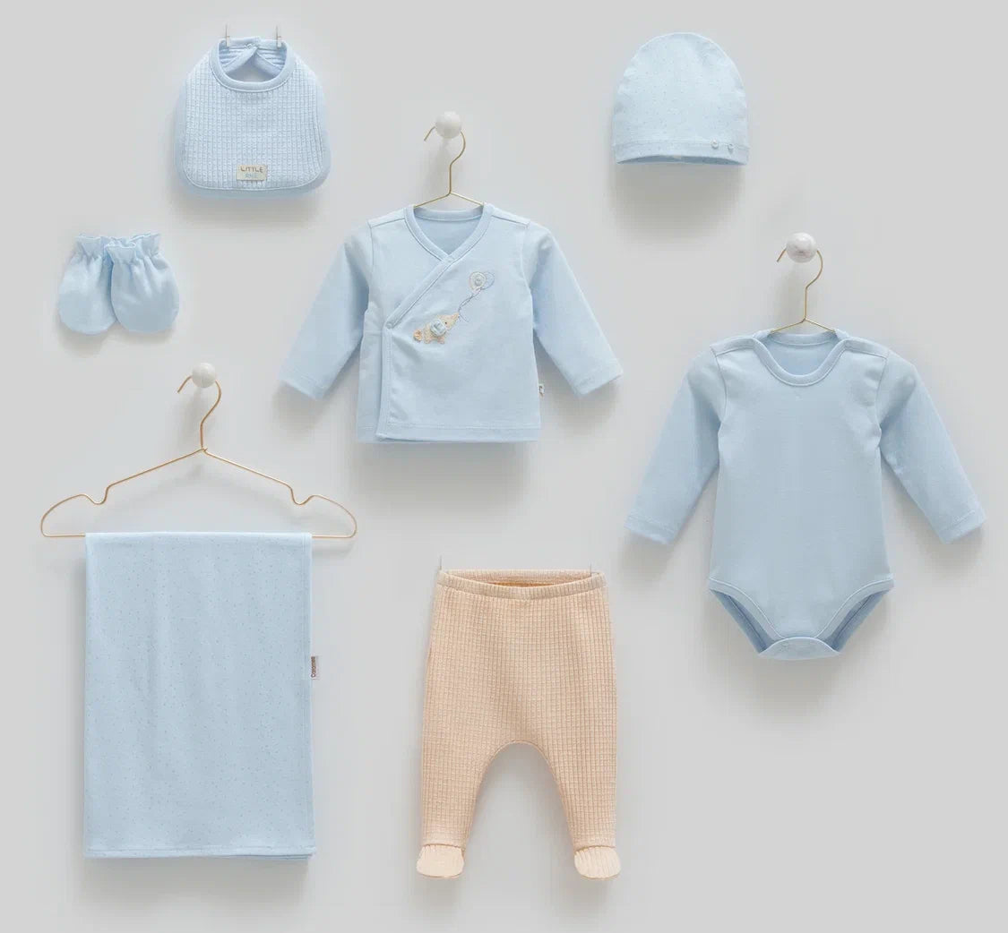 Baby 100% cotton hospital set including an overall, shirt, pants, bib, hat, mittens, socks and a blanket in Beirut, Lebanon.