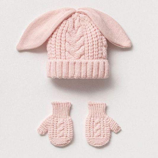 Knitted Pink aby hat with matching mittens