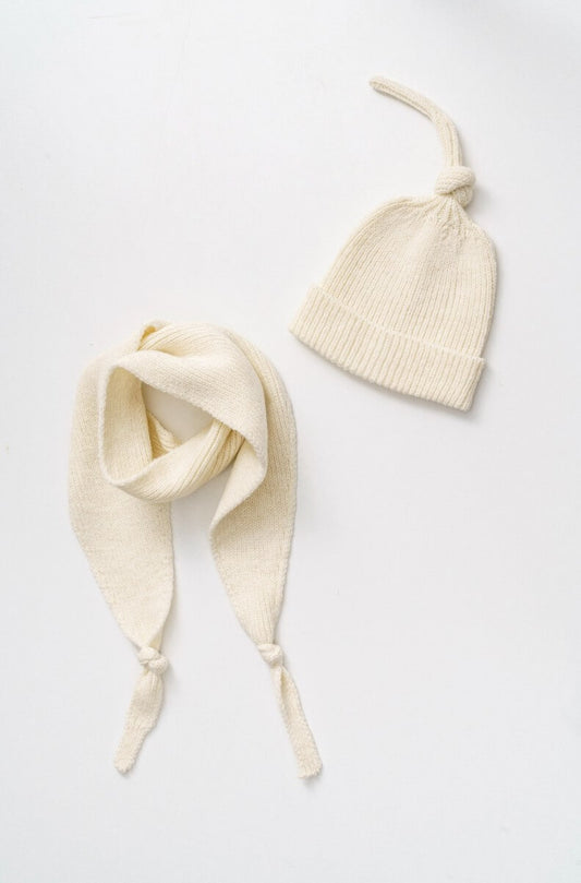 knitted baby off white hat and matching scarf