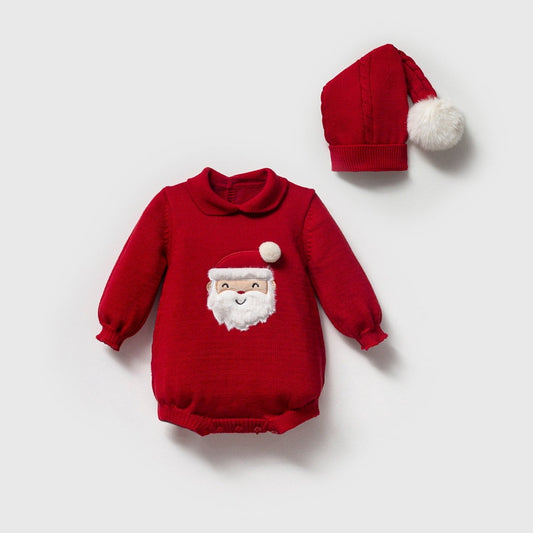 Red baby romper with Santa face design and matching hat on a white background