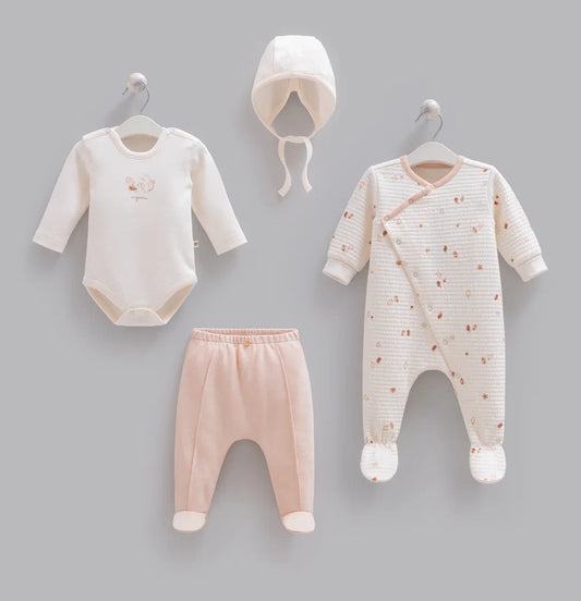 4-Piece Baby Set | Bodysuit, Pants, Romper and Hat | Organic Cotton