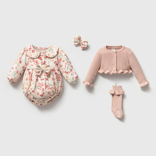 4-Piece Baby Set | Romper, Headband, Knitted Sweater and Socks