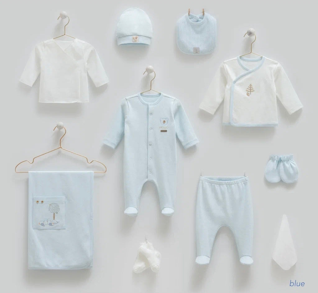 Baby 100% cotton hospital set including an overall, shirt, pants, bib, hat, mittens, socks and a blanket in Beirut, Lebanon.