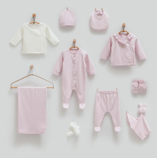 Baby 100% cotton hospital set including an overall, shirt, pants, bib, hat, mittens, socks and a blanket in Beirut, Lebanon.