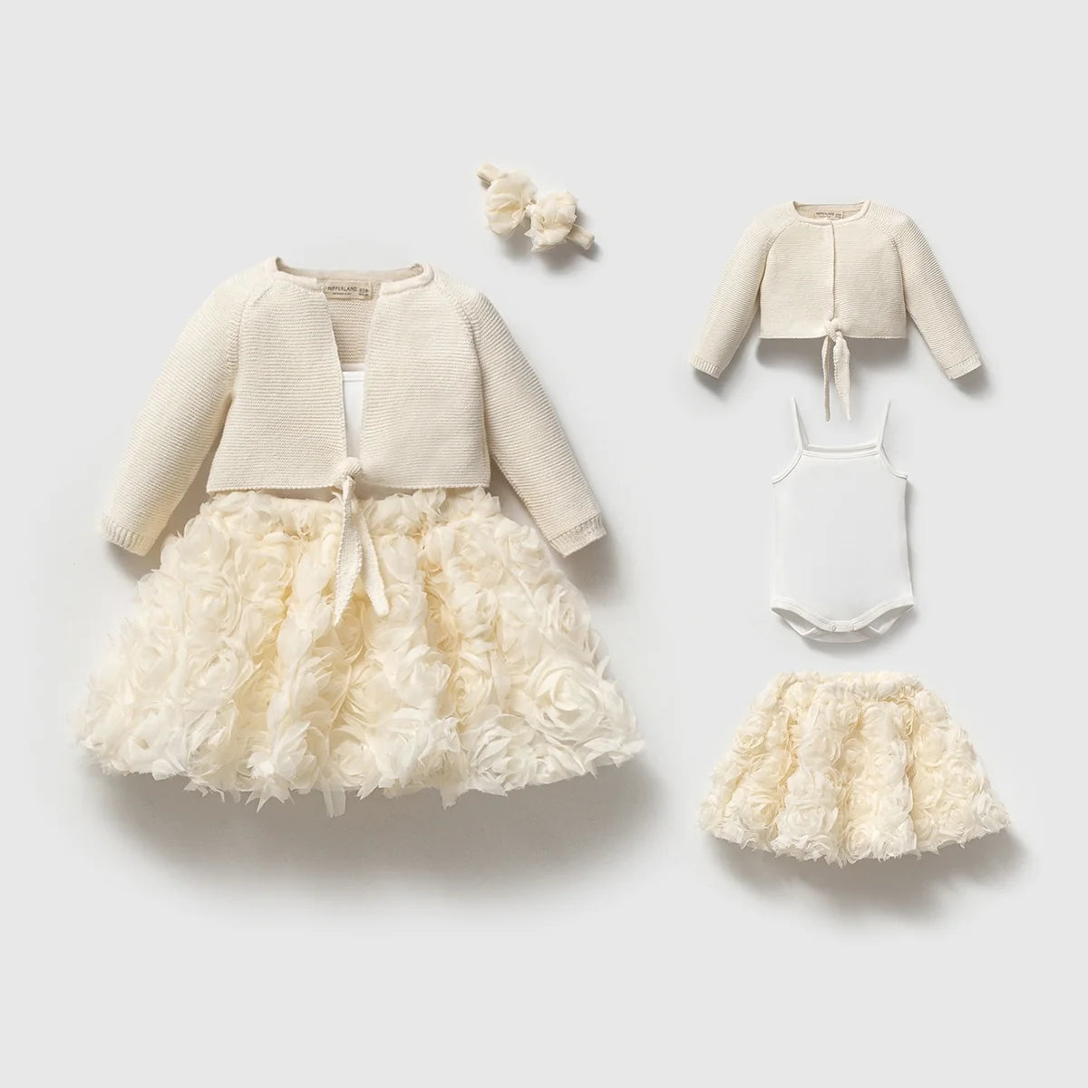 4-Piece Baby Set | Skirt, Romper, Headband and Knitted Sweater
