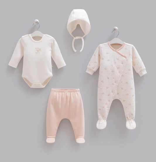 4-Piece Baby Set | Bodysuit, Pants, Romper and Hat | Organic Cotton