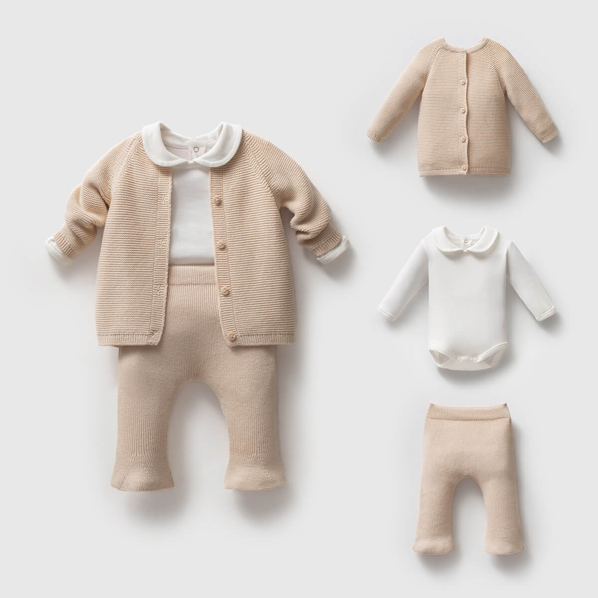 Baby clothing set including a cardigan, pants, and onesie