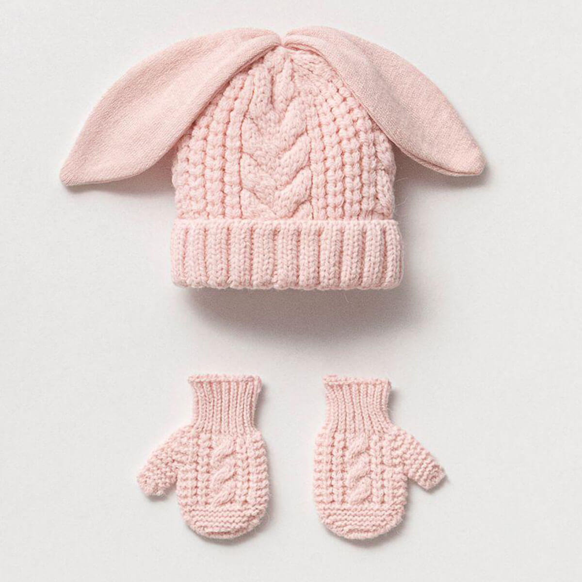 Knitted Pink aby hat with matching mittens