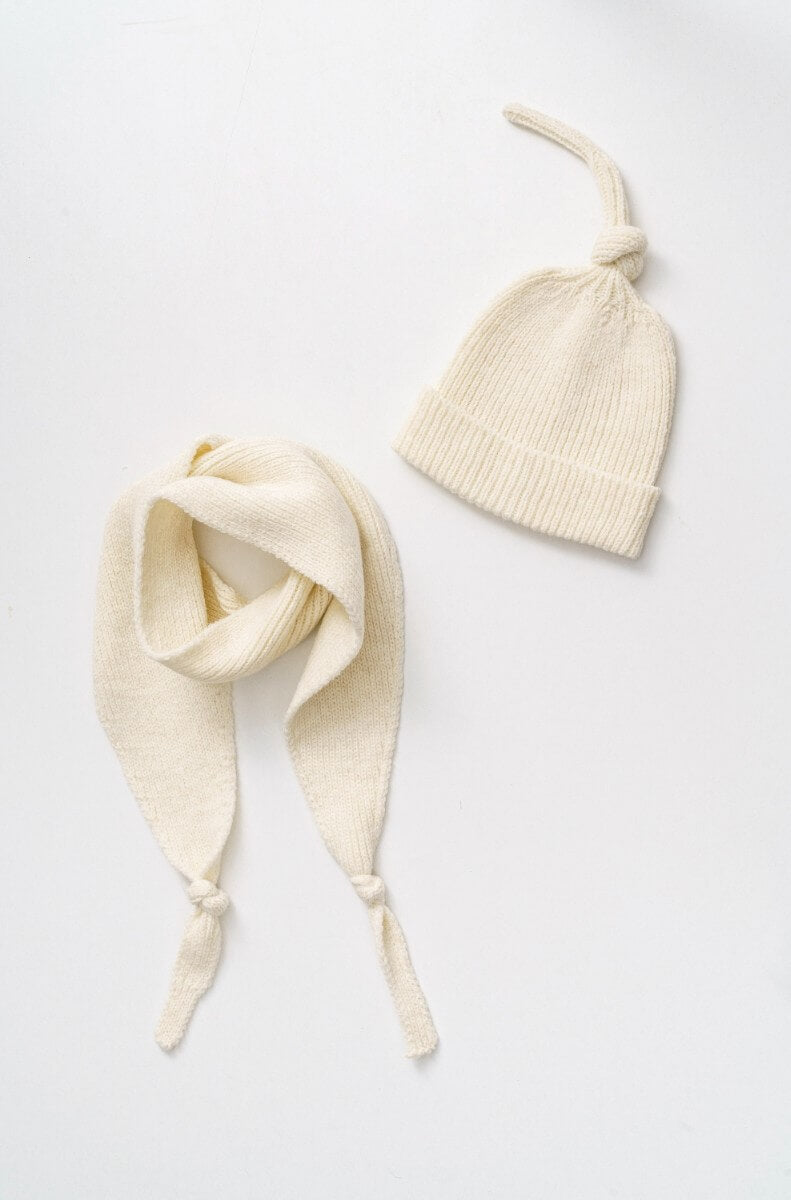 knitted baby off white hat and matching scarf