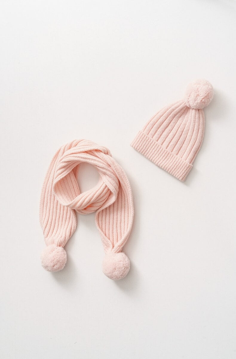 Knitted baby pink hat and matching scarf