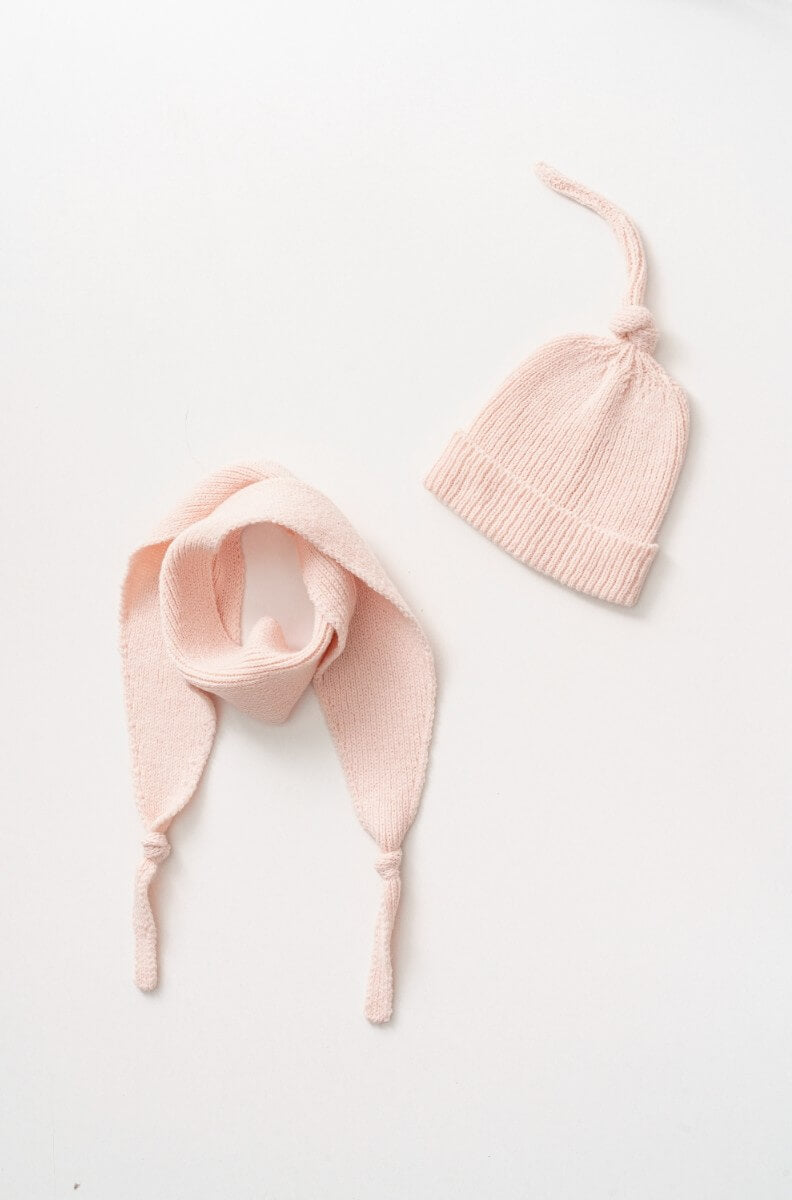 Knitted baby pink hat with matching scarf