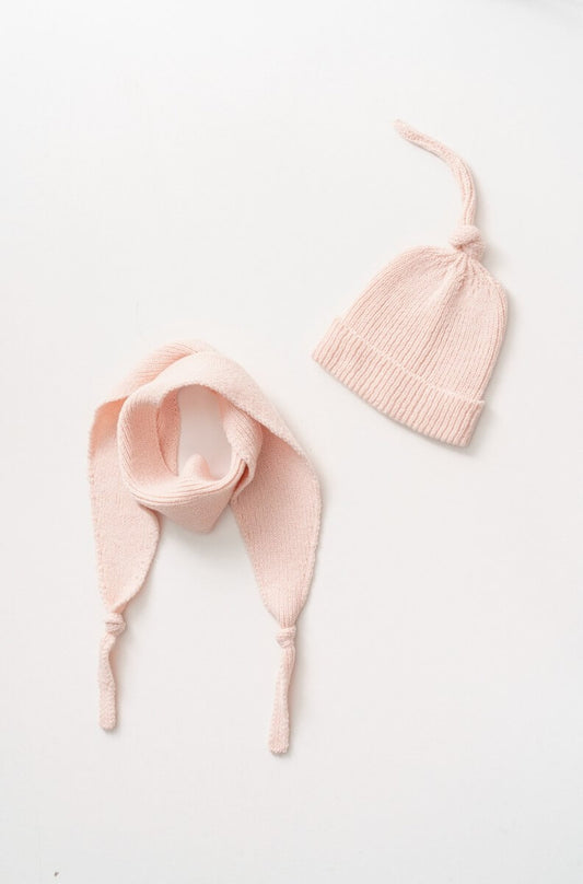 Knitted baby pink hat with matching scarf